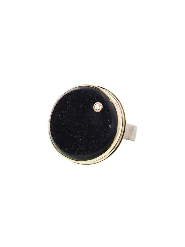 Jamie Joseph Round Brazilian Black Druzy Ring With Diamond