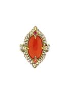 Cathy Waterman Blackened Arabesque Double Leaf Ring With Coral - 22 Karat Gold