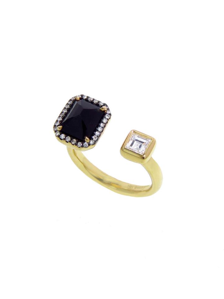 Jemma Wynne Princess Cut Diamond And Black Onyx Open Ring