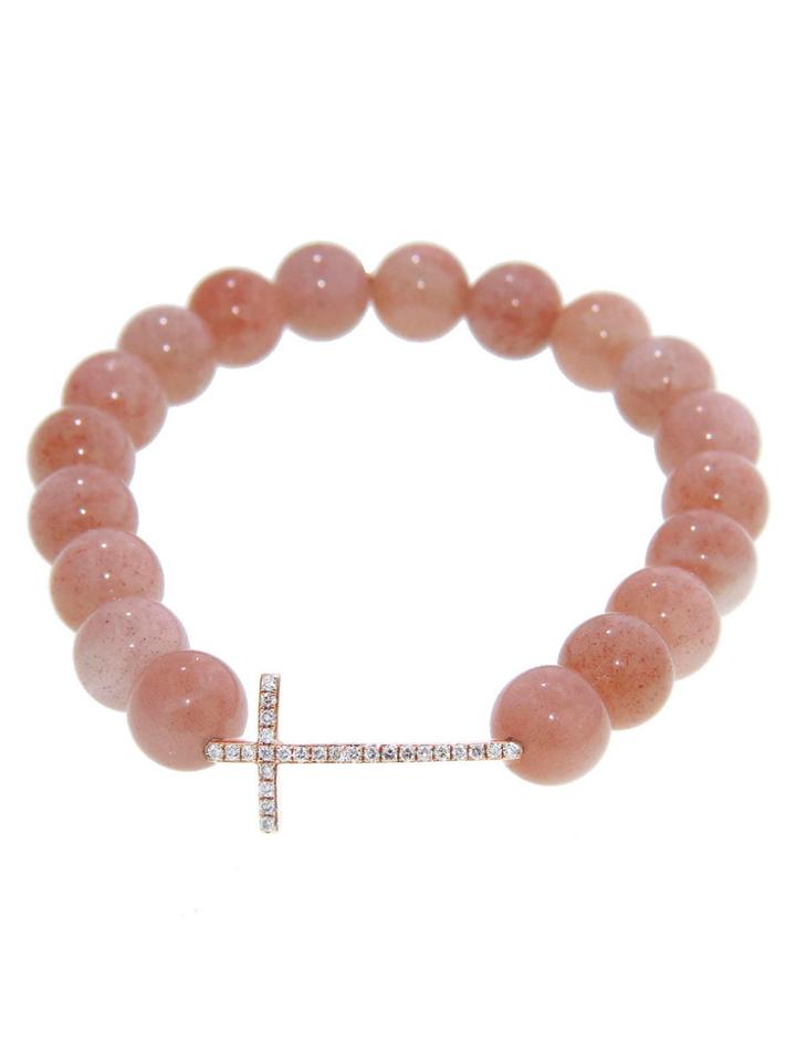 Sydney Evan Diamond Cross In Rose Gold On Peach Moonstone Bead Bracelet