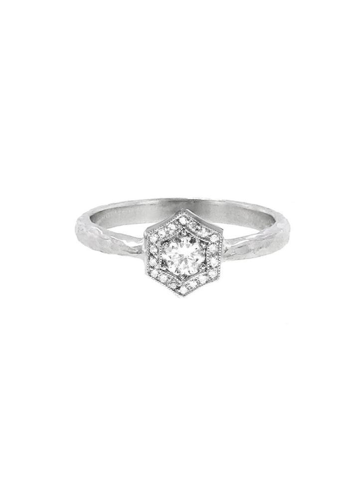 Cathy Waterman Designer Hexagonal Diamond Ring With Hammered Band