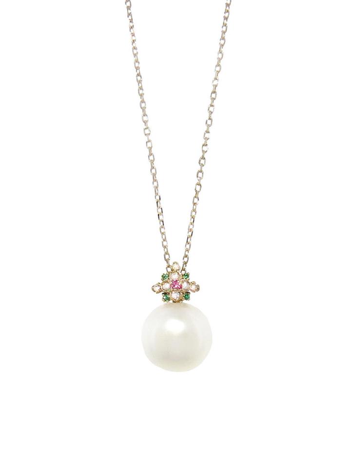 Kataoka Pearl With Pink Sapphire And Emerald Cluster Necklace