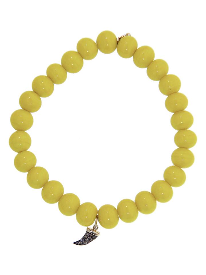 Sydney Evan Tiny Yellow Gold And Diamond Horn On Vintage Yellow Glass Bead Bracelet
