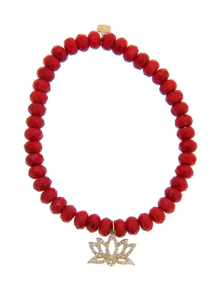 Sydney Evan Lotus Outline In Yellow Gold And Diamonds On Red Coral Bead Bracelet