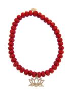 Sydney Evan Lotus Outline In Yellow Gold And Diamonds On Red Coral Bead Bracelet