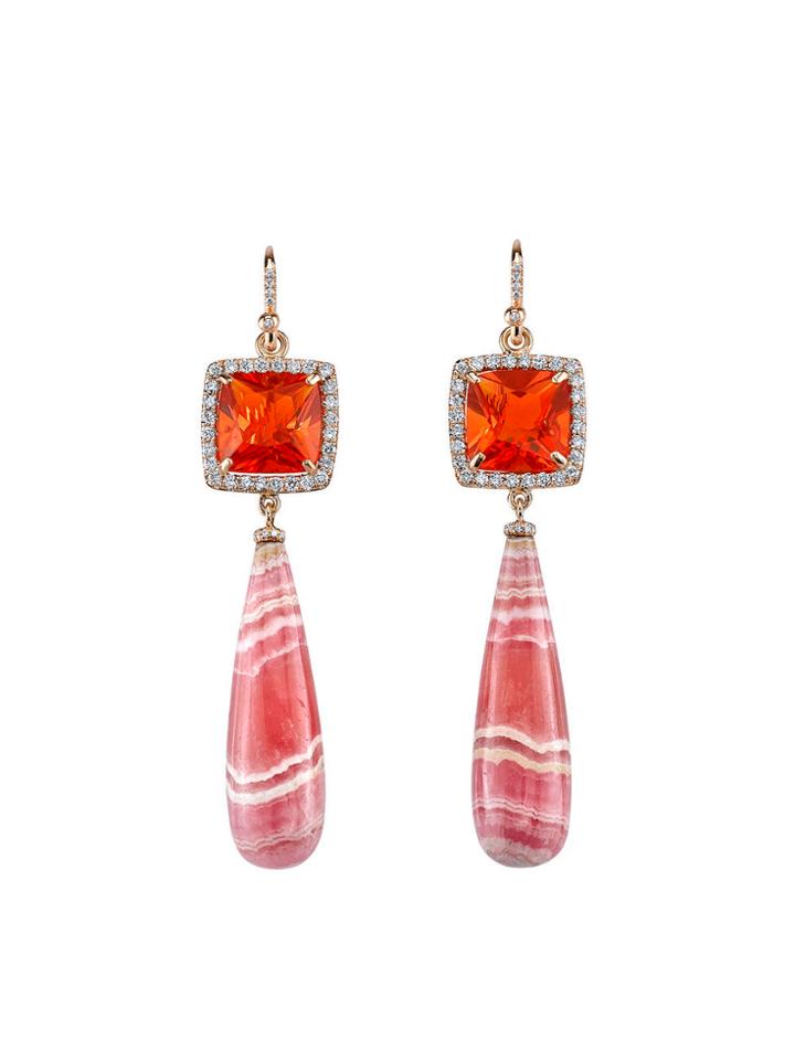 Irene Neuwirth Fire Opal And Rhodochrosite Drop Earrings