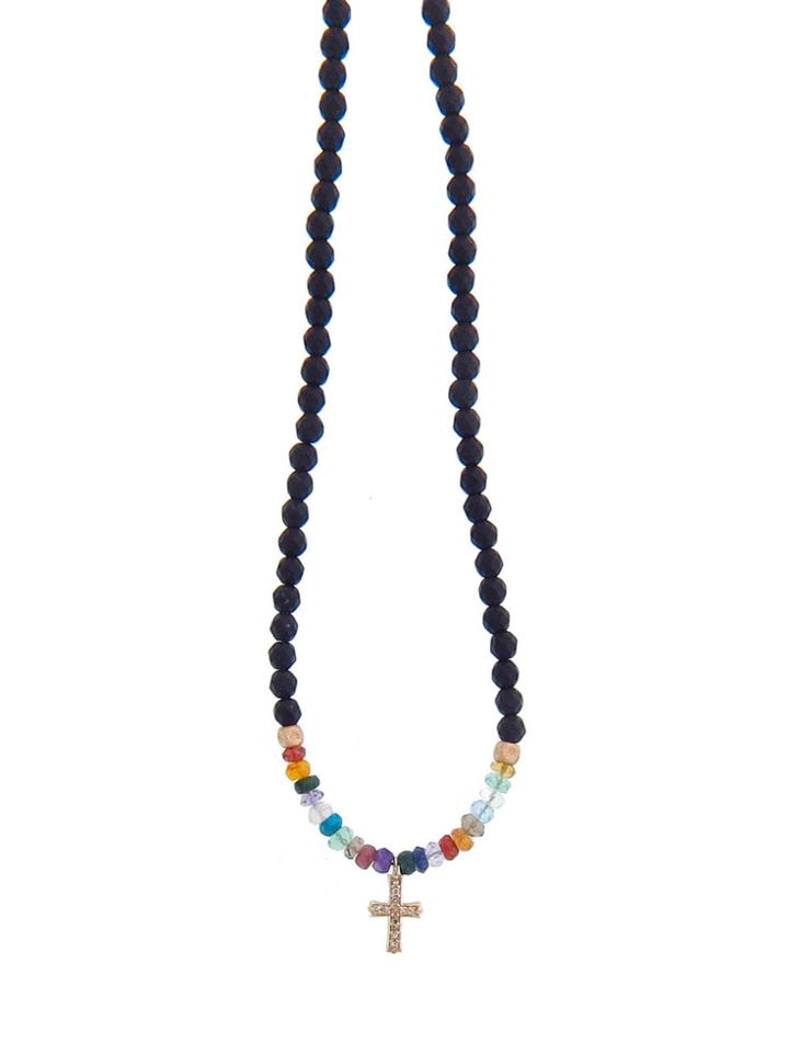 Catherine Michiels Faceted Black Agate Beaded Necklace With Diamond Luma Cross