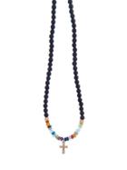 Catherine Michiels Faceted Black Agate Beaded Necklace With Diamond Luma Cross
