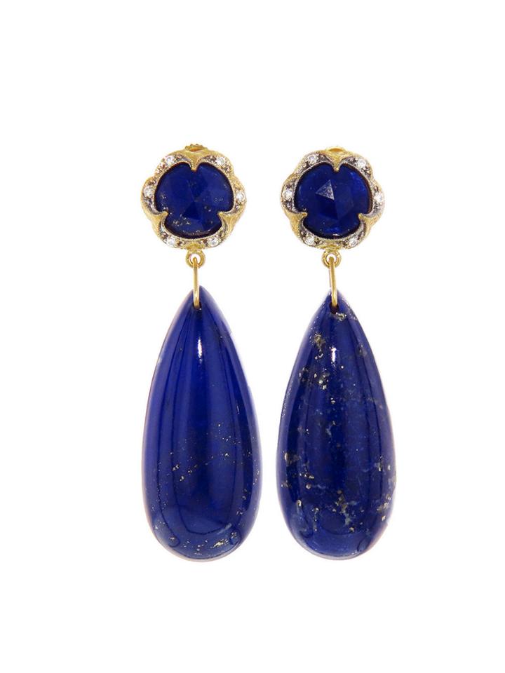 Cathy Waterman Scalloped Frame Lapis Drop Earrings - 22 Karat Gold