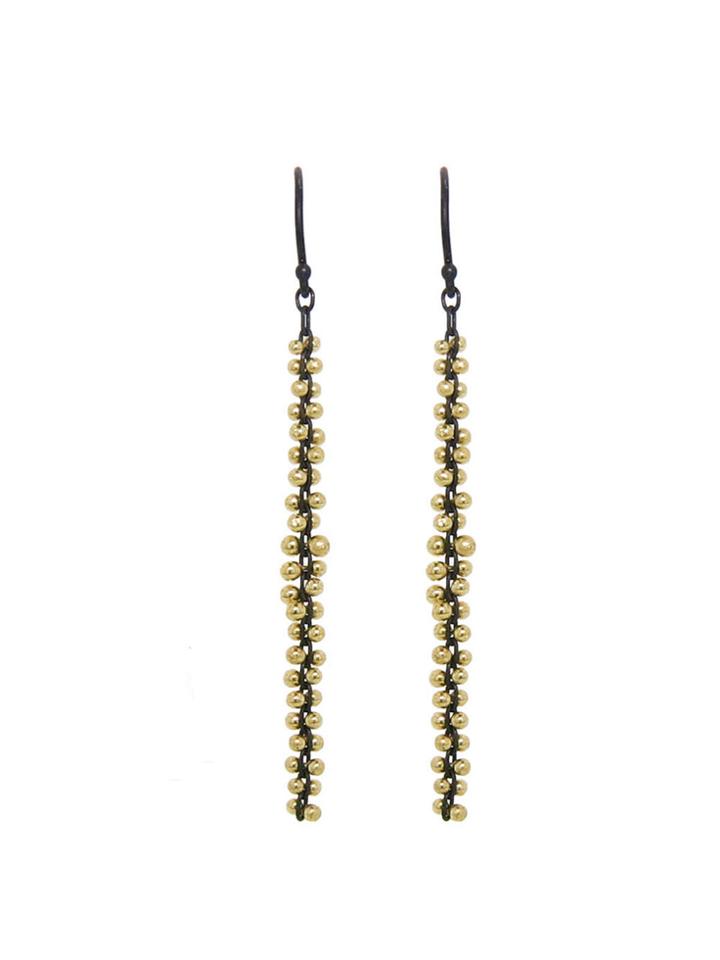 Ten Thousand Things Long Gold Bead Earrings On Oxidized Sterling Silver