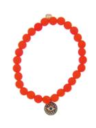 Sydney Evan Evil Eye Medallion In Yellow Gold With Black And White Diamonds And A Sapphire On Orange Agate Bead Bracelet