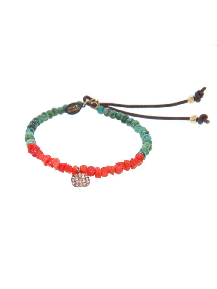 Catherine Michiels Mini Square With Diamonds On Italian Coral And African Turquoise Beaded Bracelet
