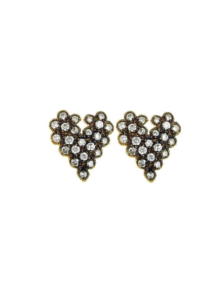 Cathy Waterman Blackened Scalloped Heart Studs With Diamonds - 22 Karat Gold