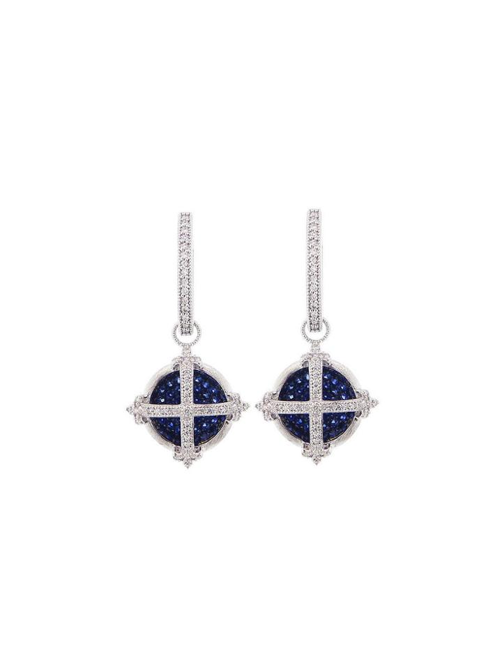Jude Frances Round Blue Sapphire Fleur Cross Earring Charms - White Gold