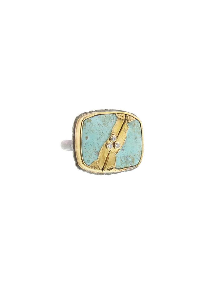 Jamie Joseph Rectangular Turquoise Joinery Ring - Oxidized Sterling Silver