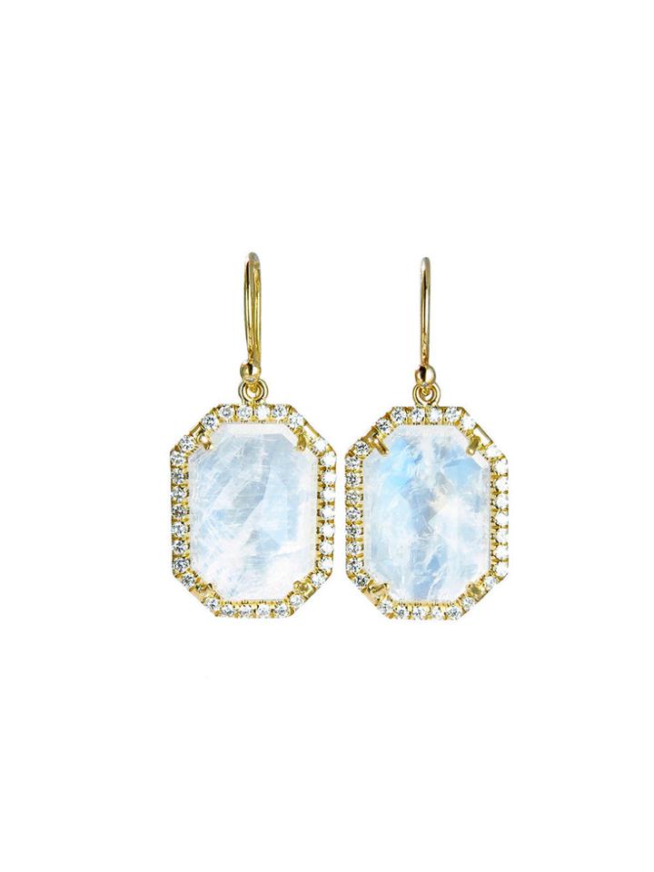 Irene Neuwirth Hexagonal Rose Cut Rainbow Moonstone Earrings With Pave Diamonds - Yellow Gold