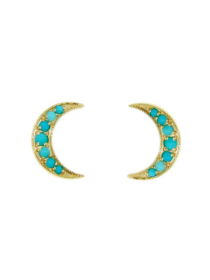 Andrea Fohrman Turquoise Crescent Moon Studs - Yellow Gold
