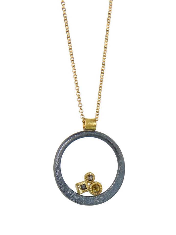 Todd Reed Oxidized Circle Pendant With Raw Diamonds