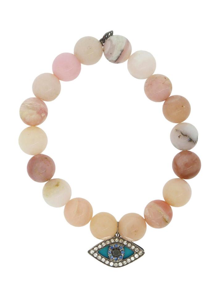 Sydney Evan Turquoise Enamel Evil Eye With Blue Sapphire In Blackened Gold And Diamonds On Pink Opal Bead Bracelet