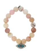 Sydney Evan Turquoise Enamel Evil Eye With Blue Sapphire In Blackened Gold And Diamonds On Pink Opal Bead Bracelet