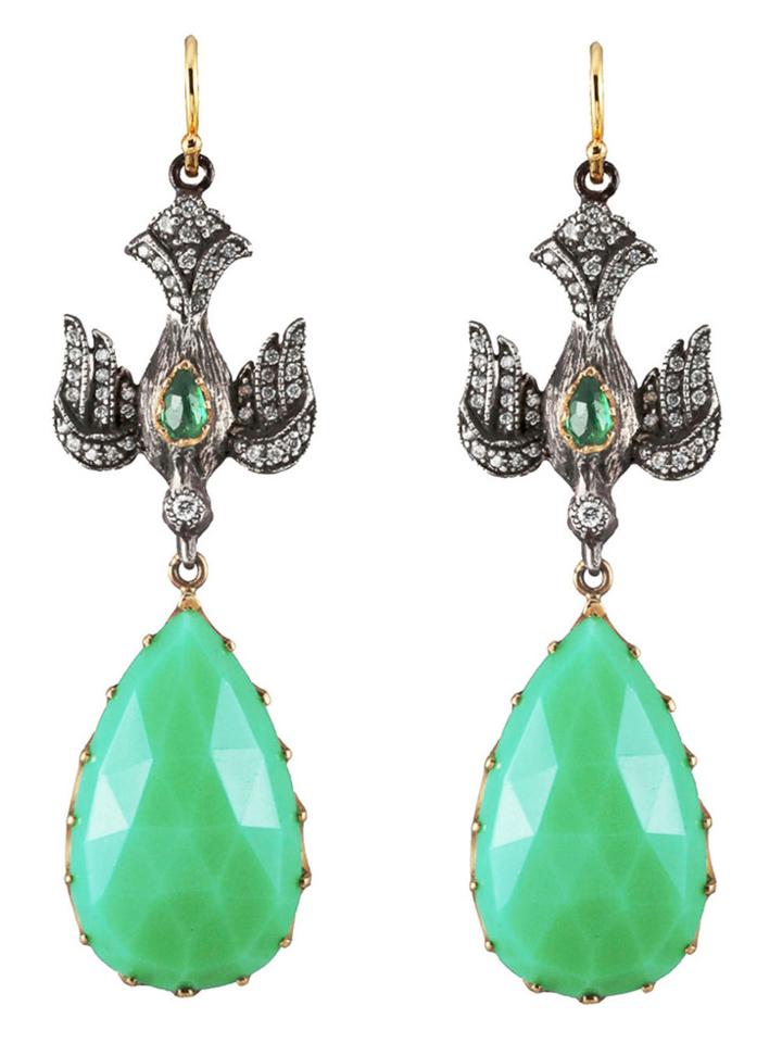 Arman Diamond Bird Earrings With Chrysoprase - 22 Karat Gold