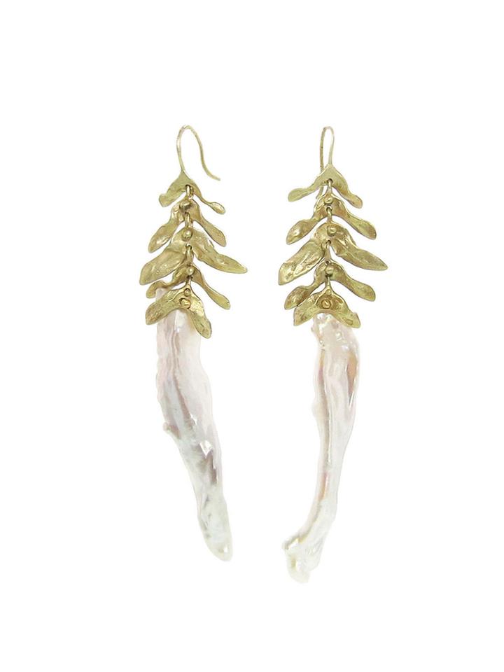 Ten Thousand Things Fern Earrings With Freshwater Pearls In Yellow Gold