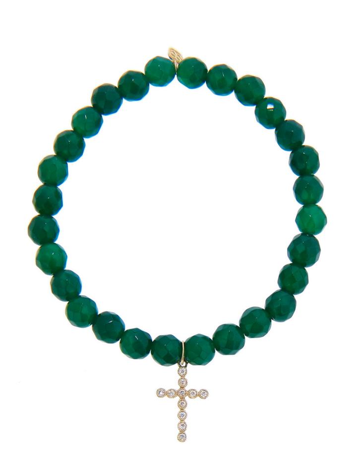 Sydney Evan Diamond Cross In Yellow Gold On Green Onyx Bead Bracelet