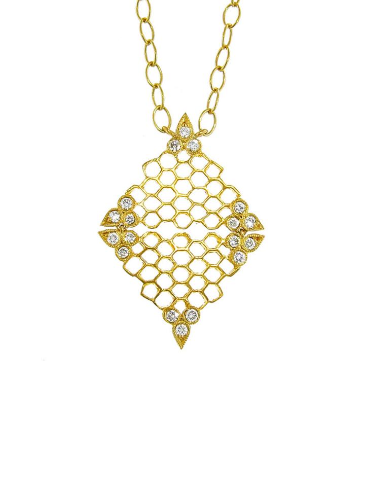 Cathy Waterman Honeycomb Double Triangle Pendant - Designer 22 Karat Gold Necklace