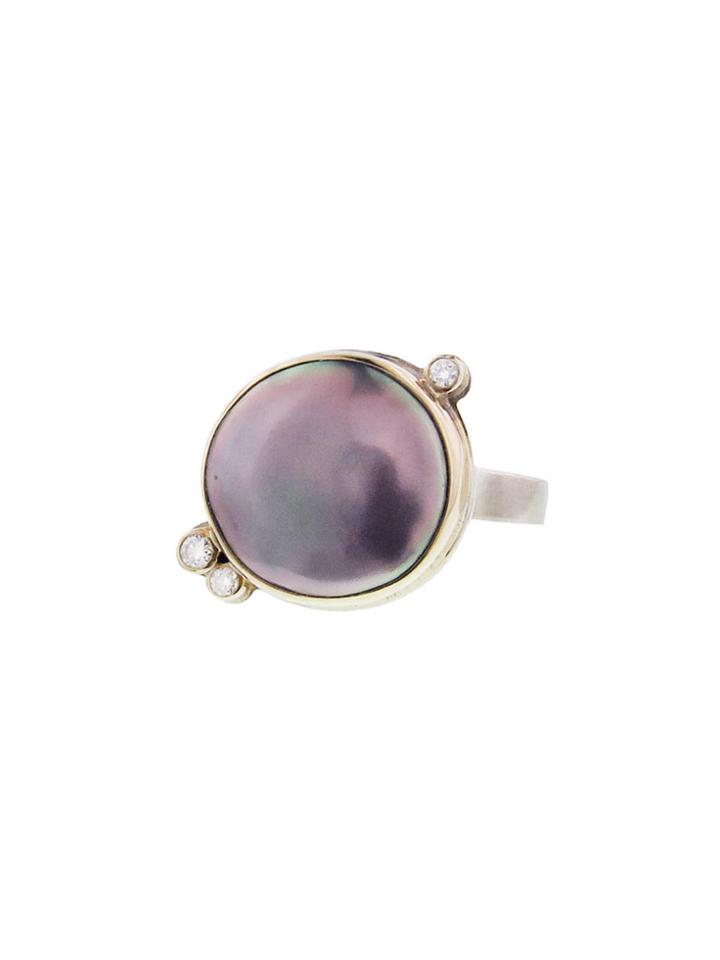 Jamie Joseph Grey Pearl Ring With Satellite Diamonds