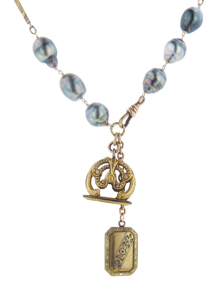 Just Jules Antique Filigree Locket With Black Pearl Chain