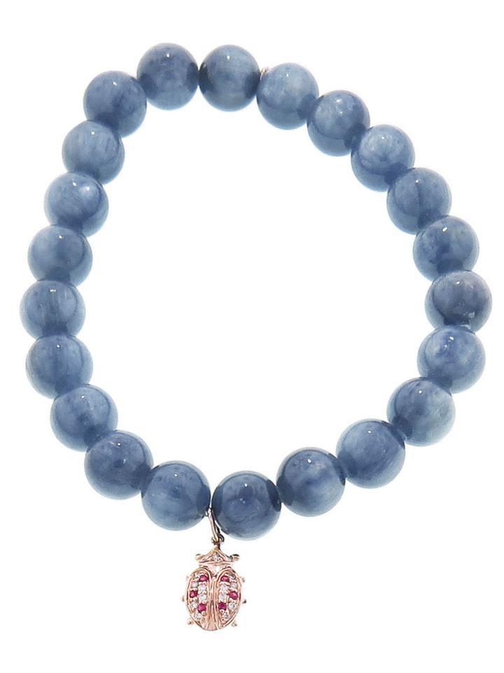Sydney Evan Diamond And Ruby Ladybug In Rose Gold On Kyanite Bead Bracelet