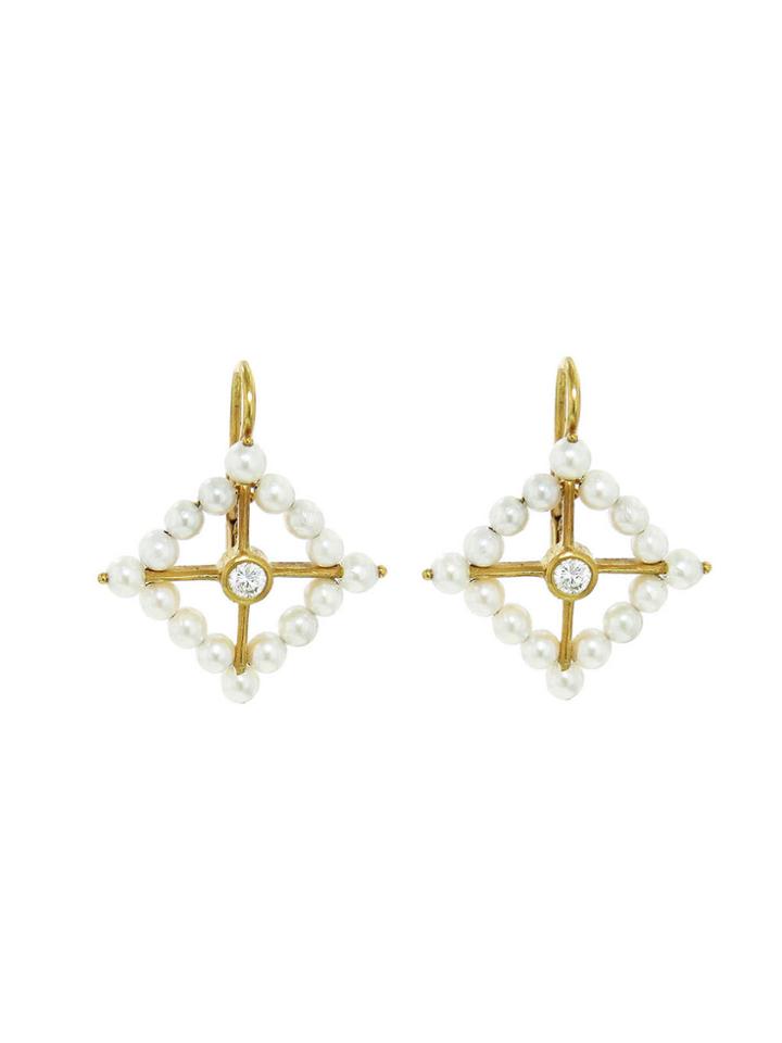Cathy Waterman Pearl Beaded Squares - Designer Yellow Gold Earrings