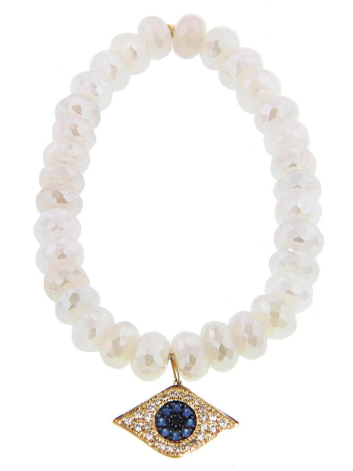 Sydney Evan Large Evil Eye In Yellow Gold With Diamonds On Pearl Chalcedony Bead Bracelet