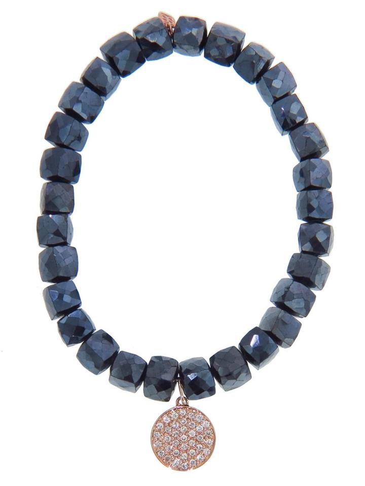 Sydney Evan Pave Diamond Disc In Rose Gold On Cubed Hematite Bead Bracelet