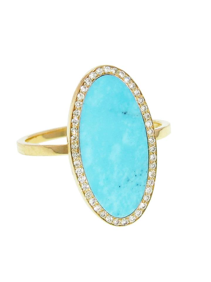 Jennifer Meyer Oval Turquoise Inlay Ring With Diamonds - Yellow Gold