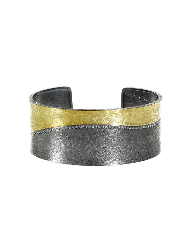 Todd Reed Wide Oxidized Sterling And Yellow Gold Cuff With Diamonds