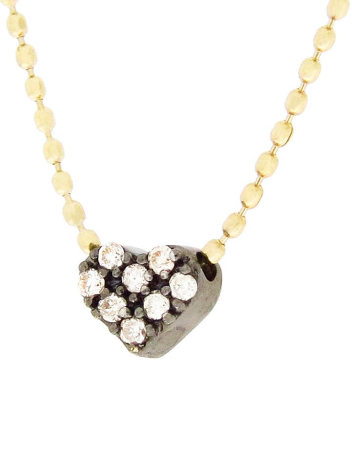 Sydney Evan Tiny Blackened Gold And Diamond Heart On Yellow Gold Bead Chain