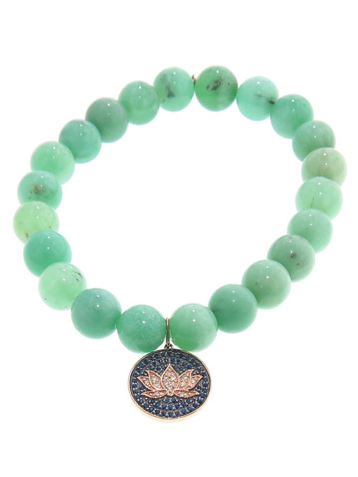 Sydney Evan Rose Gold Lotus Medallion With Black And White Diamonds On Chrysoprase Bead Bracelet