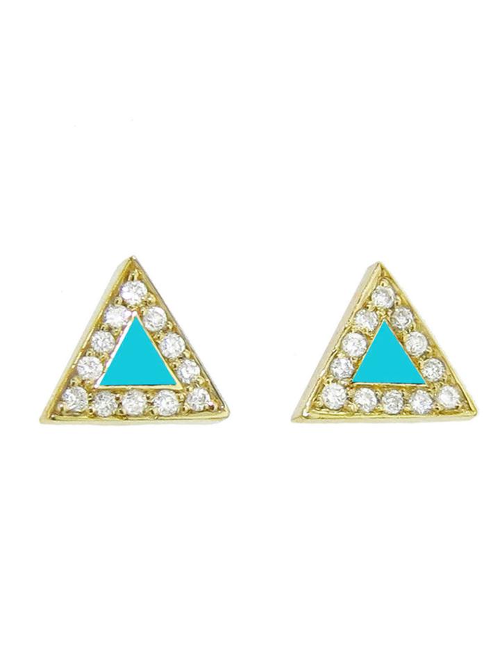 Jennifer Meyer Diamond Turquoise Inlay Triangle Studs - Yellow Gold