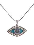 Sydney Evan Turquoise Enamel Eye Pendant With Diamonds In Blackened Gold