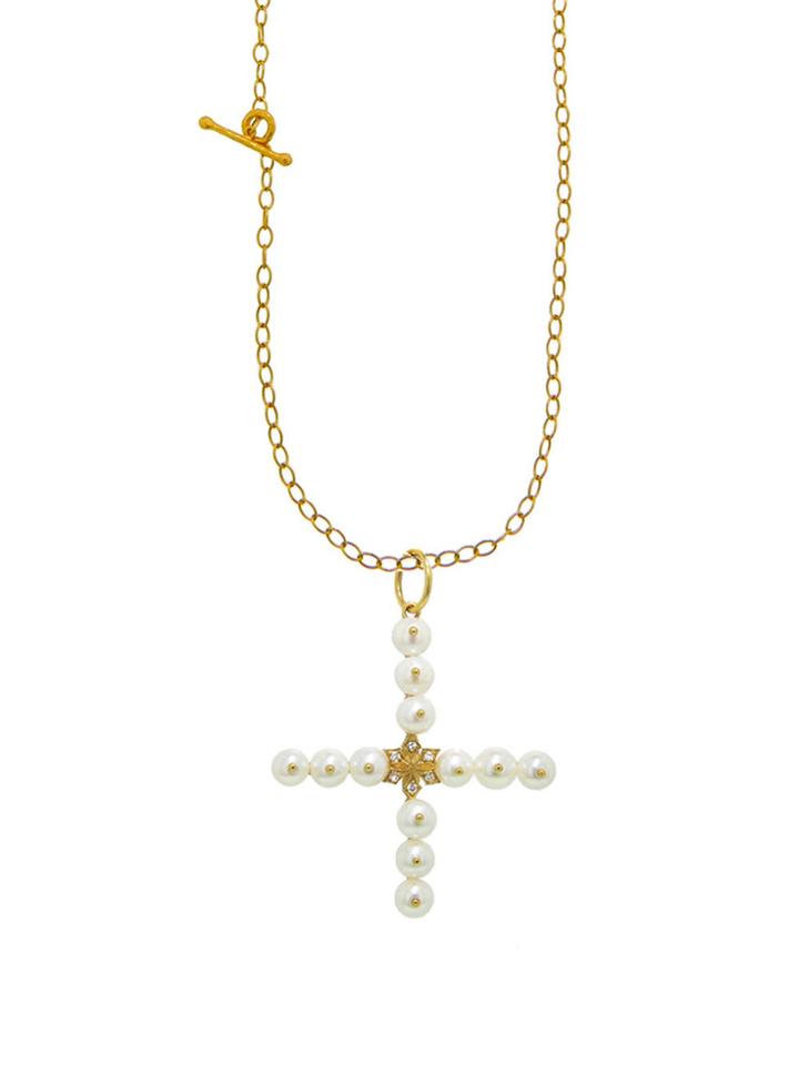 Cathy Waterman Pinned Pearl Cross Pendant - 22 Karat Gold