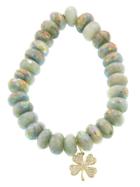 Sydney Evan Four Leaf Clover In Yellow Gold With Diamonds On Aqua Rondelle Bead Bracelet