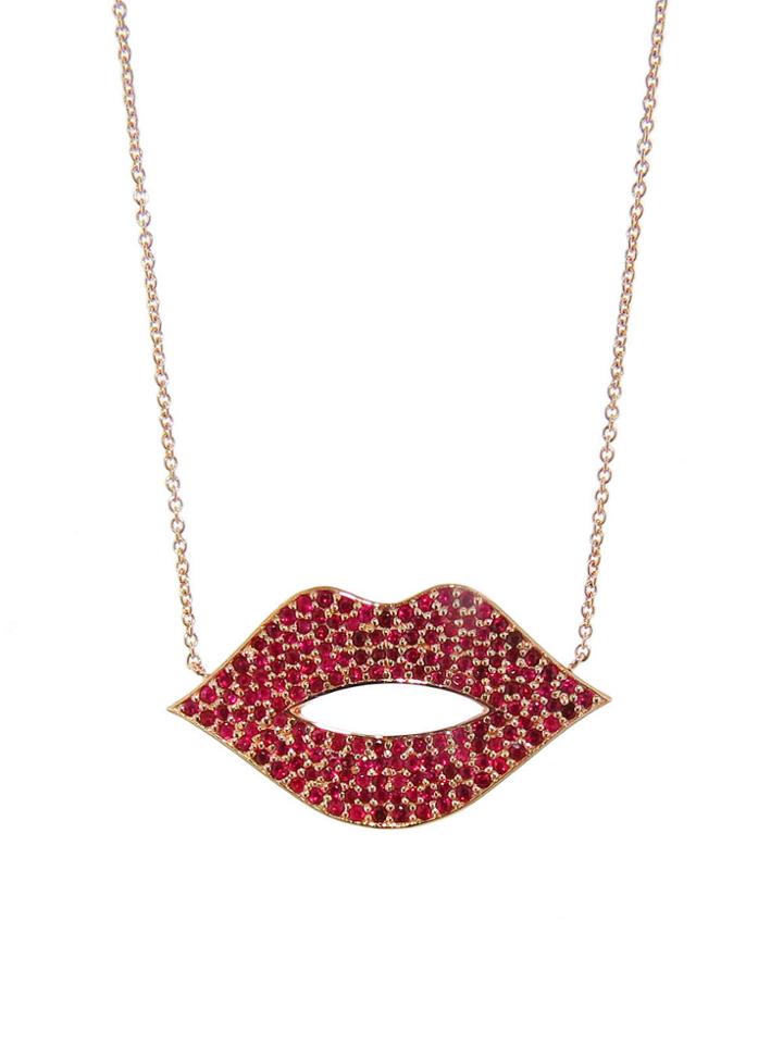 Sydney Evan Large Pave Ruby Lips Pendant - Rose Gold