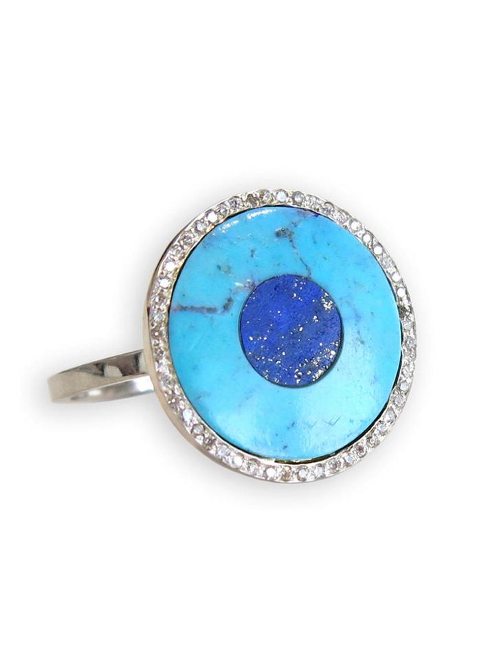 Jennifer Meyer Turquoise Inlay And Lapis Center Eye Ring With Diamonds - White Gold