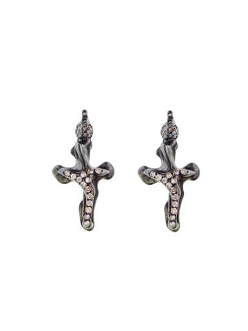 Lucifer Vir Honestus Cross Earrings With Diamonds - Blackened Gold