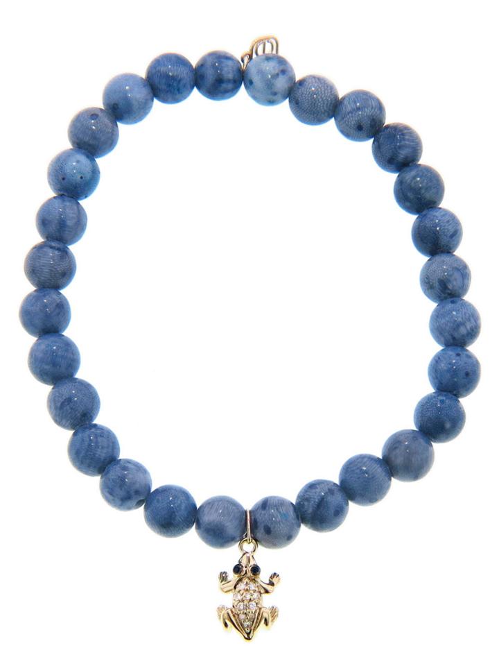 Sydney Evan Frog In Yellow Gold And Diamonds On Blue Coral Bead Bracelet