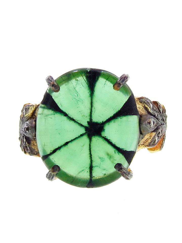 Cathy Waterman Natural Trapiche Emerald Oak Leafside Ring - 22 Karat Gold