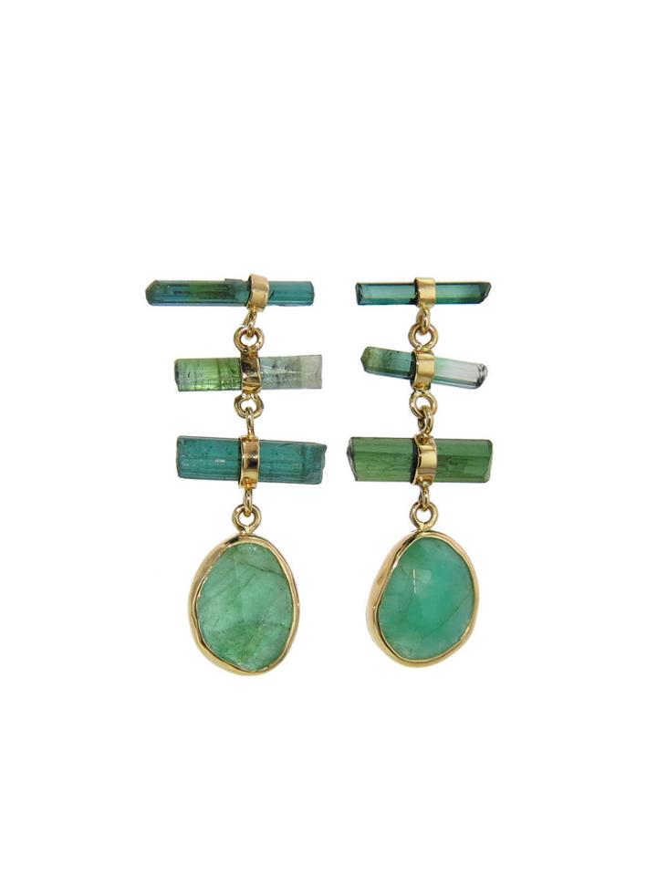 Melissa Joy Manning Green Tourmaline Stick Earrings With Emeralds
