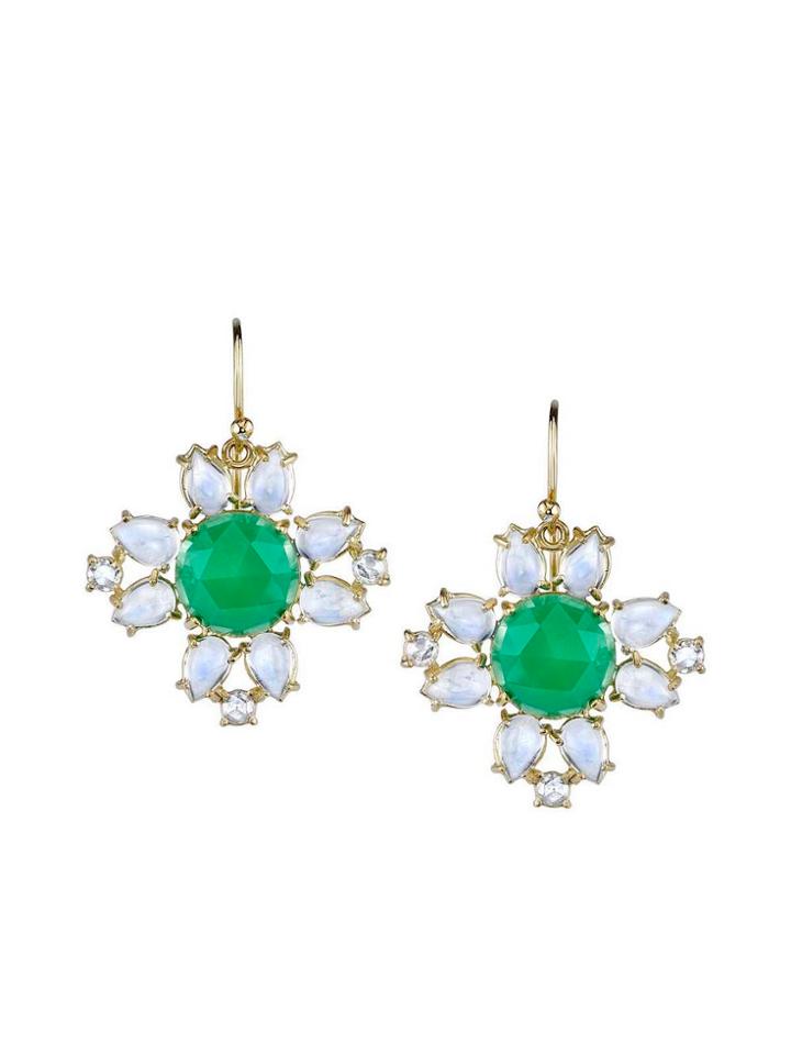 Irene Neuwirth Chrysoprase And Rainbow Moonstone Flower Earrings With Diamonds - Yellow Gold