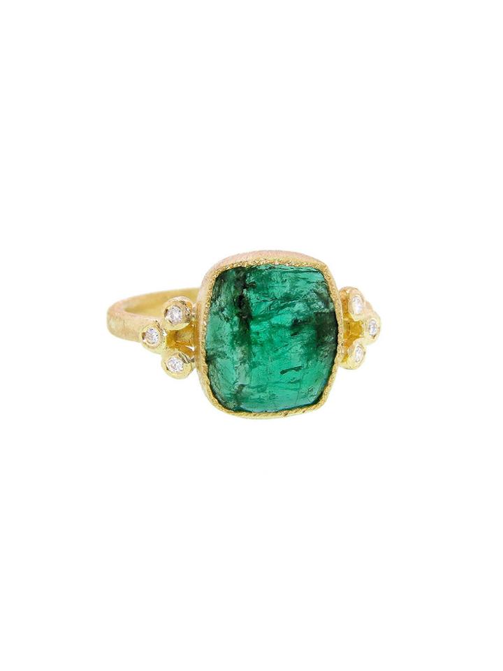 Yasuko Azuma Natural Square Emerald Ring With Diamonds